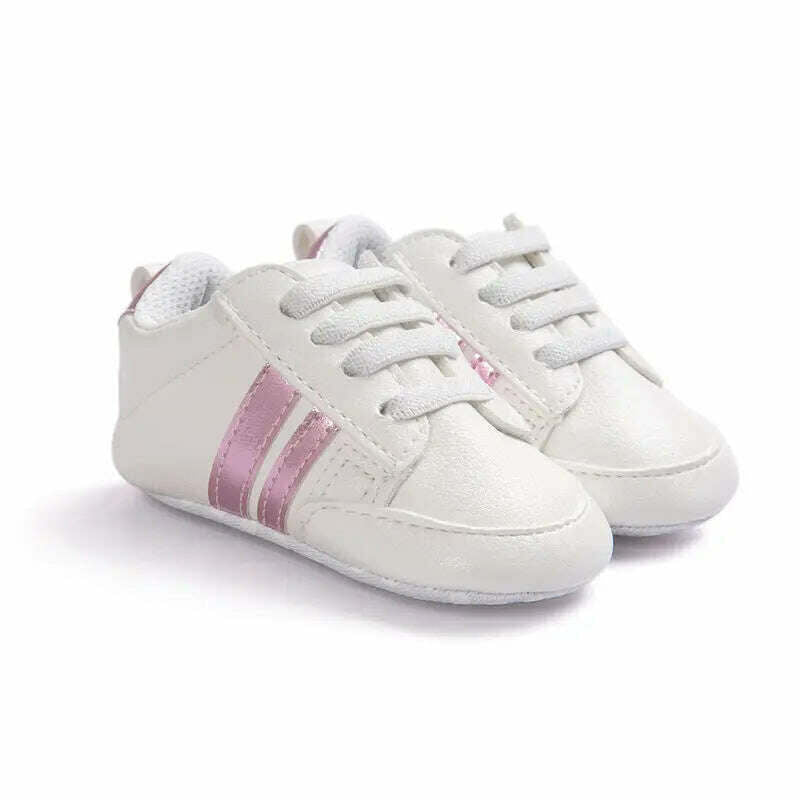 KIMLUD, Baby Boy Girl Moccasins Shoes Infant PU Leather First Walkers Non-slip Soft Newborn Sneakers Sport Crib Baby Shoes Boys Footwear, white pink strips / 0-6 Months, KIMLUD Womens Clothes