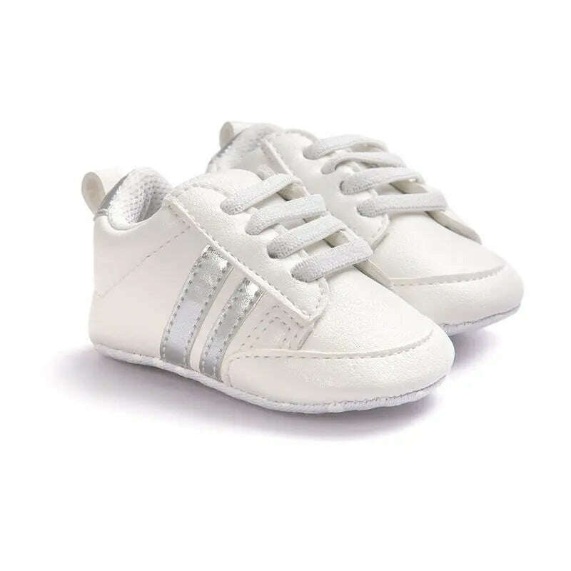 KIMLUD, Baby Boy Girl Moccasins Shoes Infant PU Leather First Walkers Non-slip Soft Newborn Sneakers Sport Crib Baby Shoes Boys Footwear, white sliver strips / 0-6 Months, KIMLUD Womens Clothes
