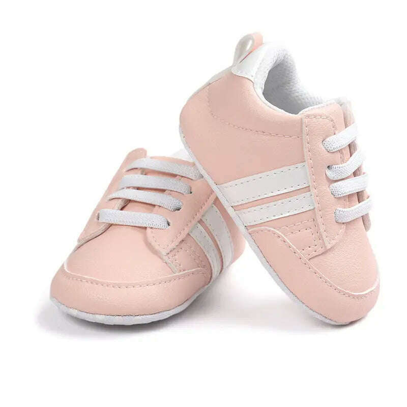 KIMLUD, Baby Boy Girl Moccasins Shoes Infant PU Leather First Walkers Non-slip Soft Newborn Sneakers Sport Crib Baby Shoes Boys Footwear, pink stripes / 0-6 Months, KIMLUD Womens Clothes