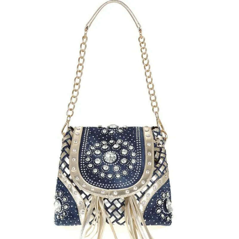 KIMLUD, Bag handbags new 2022 fashion denim bag canvas multi-function bag woven belt diamond bag single shoulder tassel bag, KIMLUD Womens Clothes