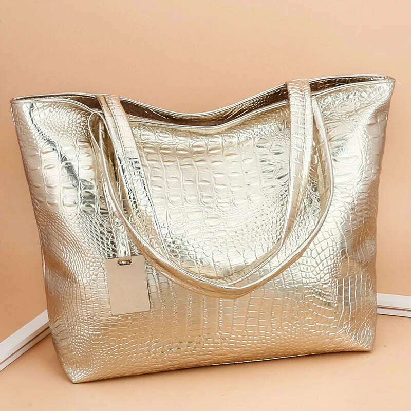 KIMLUD, Bags for Women 2021 High Capacity Crocodile-pattern Bags Female PU Shoulder Shopping Gold Ladies Hand Bags Black Alligator Bag 1, KIMLUD Women's Clothes