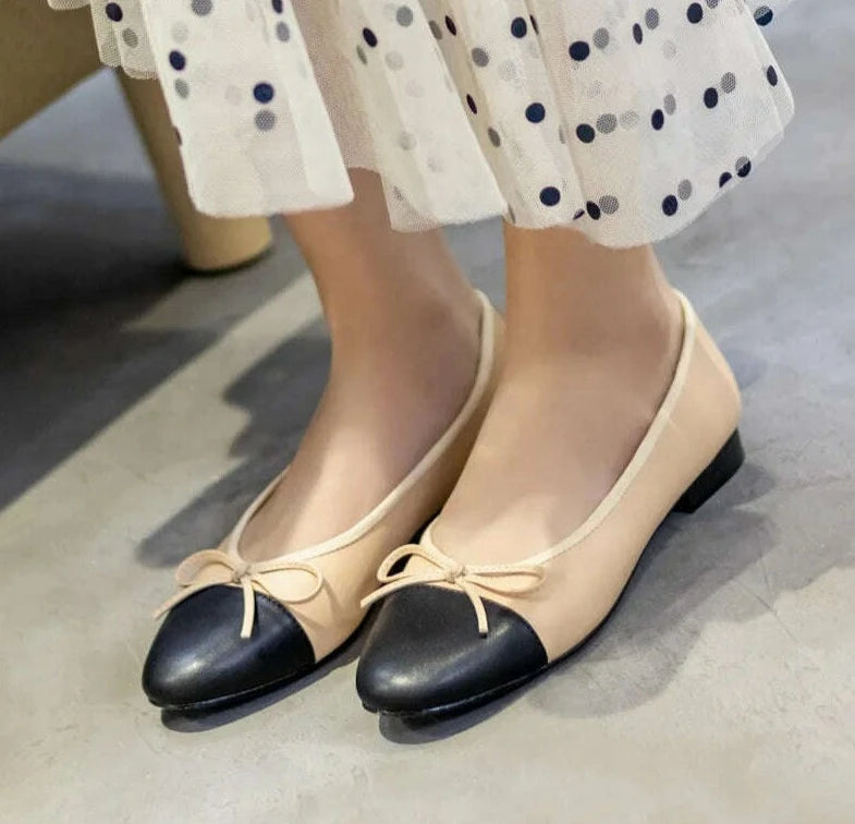 KIMLUD, Ballet Flats Classic Shoes Women Basic 2023 Leather Tweed Cloth Two Color Splice Bow Round Ballet Shoe Fashion Flats Women Shoes, KIMLUD Women's Clothes