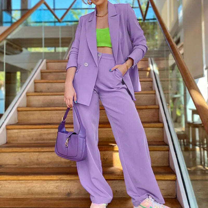 BAMBOOBOY Spring Autumn Women Blazers Long Pants 2 Piece Set Lady Casual Loose Suit Wide Leg Trousers Solid Outfits Pantsuits - KIMLUD
