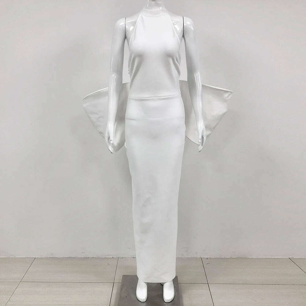 KIMLUD, Bandage Dress 2024 Women Celebrity Sexy Backless Bow Tie White Maxi Long Bodycon Elegant Evening Club Party Dress, KIMLUD Womens Clothes