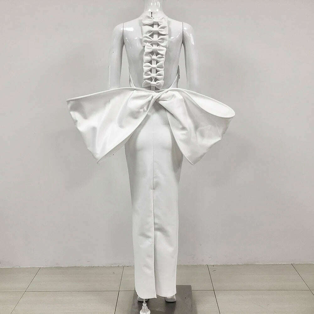 KIMLUD, Bandage Dress 2024 Women Celebrity Sexy Backless Bow Tie White Maxi Long Bodycon Elegant Evening Club Party Dress, KIMLUD Womens Clothes