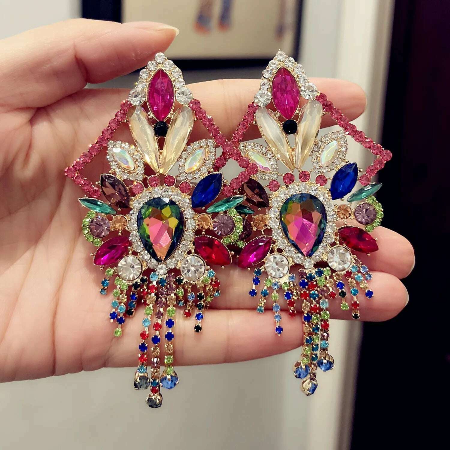 KIMLUD, Baroque Styley Geogous Shiny Rhinestone Gems Dangle Earrings For Women Fashion Jewelry Party Show Statement Earrings Accessories, KIMLUD Womens Clothes
