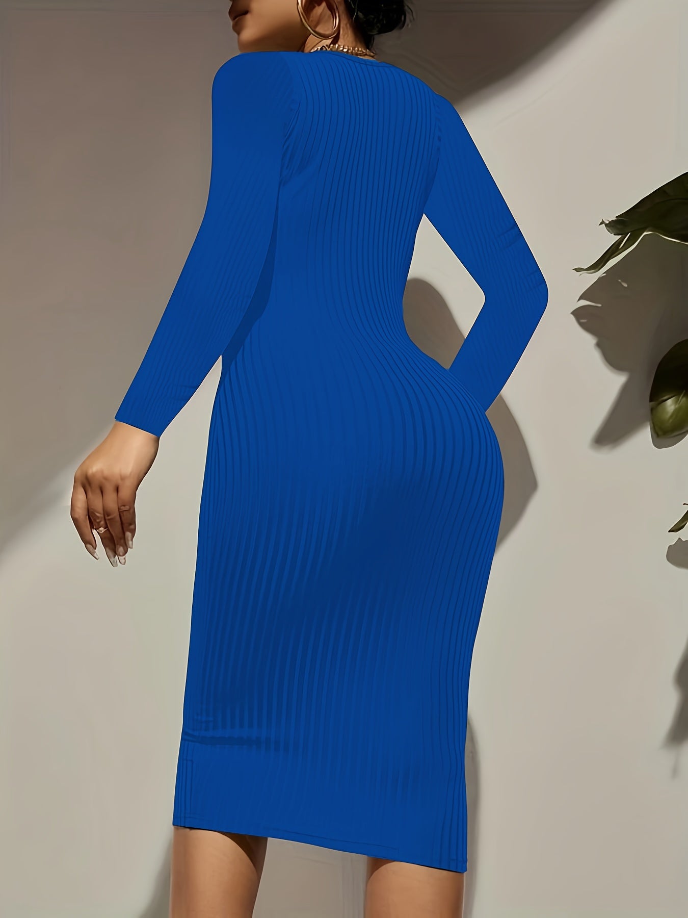[Ribbed Bodycon Dress] Bodycon Women's Ribbed Long Sleeve Dress | Medium Stretch, Round Neck, Machine Washable, All-Season Versatile Casual to Formal Wear