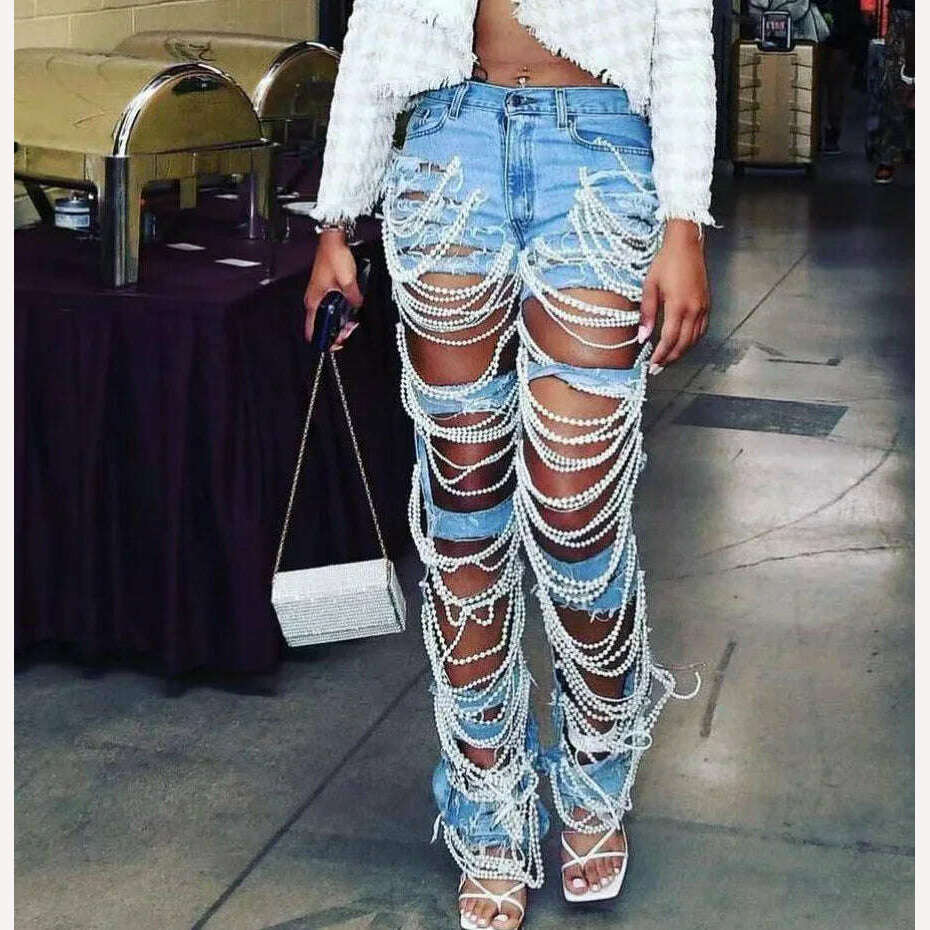 Beachapche Straight Jeans Women Holes Pearls Diamond Rhinstones Solid High Waist Fashion Cotton High Street Denim Pants - KIMLUD