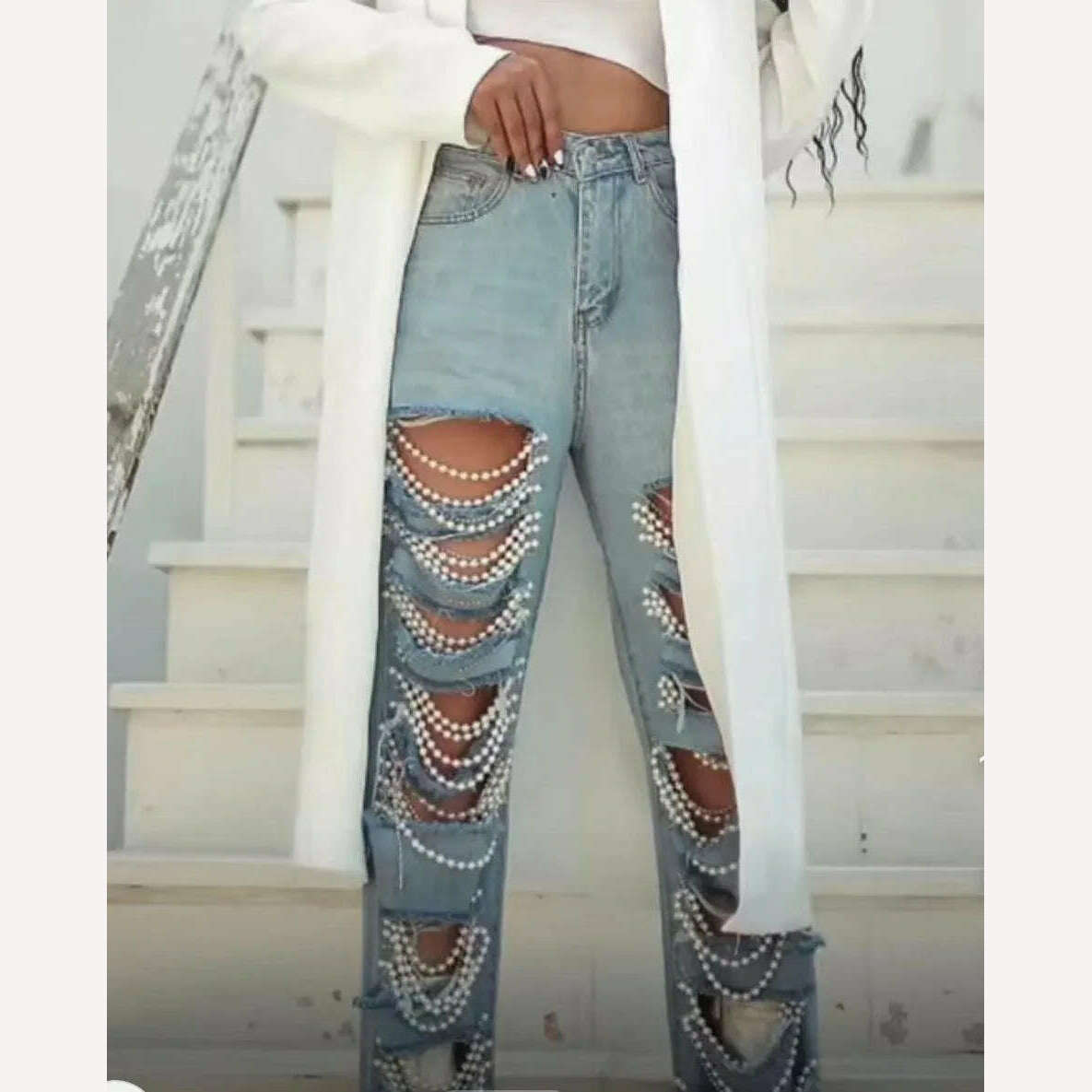 Beachapche Straight Jeans Women Holes Pearls Diamond Rhinstones Solid High Waist Fashion Cotton High Street Denim Pants - KIMLUD