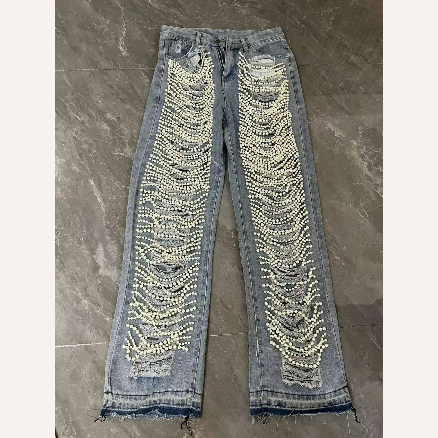Beachapche Straight Jeans Women Holes Pearls Diamond Rhinstones Solid High Waist Fashion Cotton High Street Denim Pants - KIMLUD