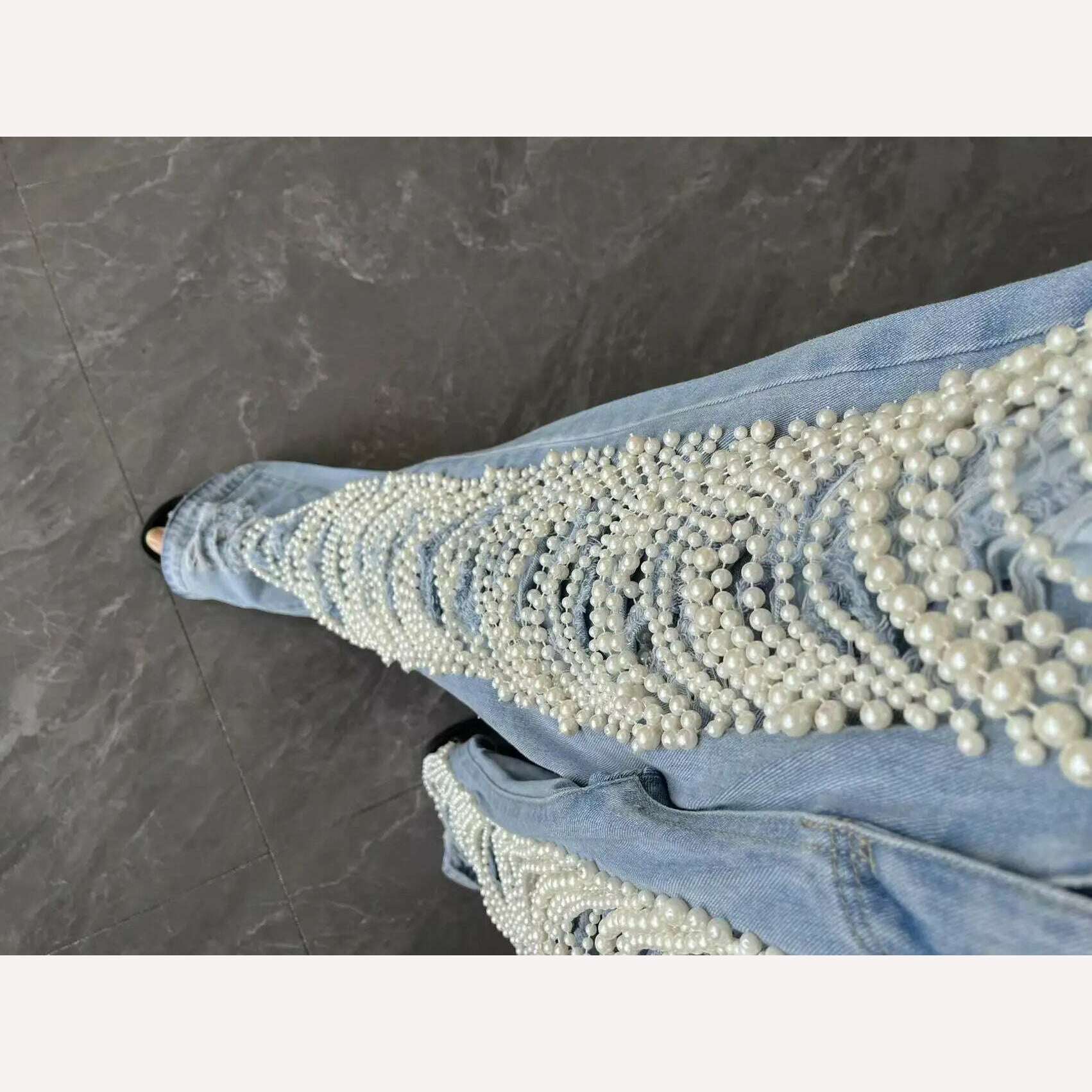 Beachapche Straight Jeans Women Holes Pearls Diamond Rhinstones Solid High Waist Fashion Cotton High Street Denim Pants - KIMLUD