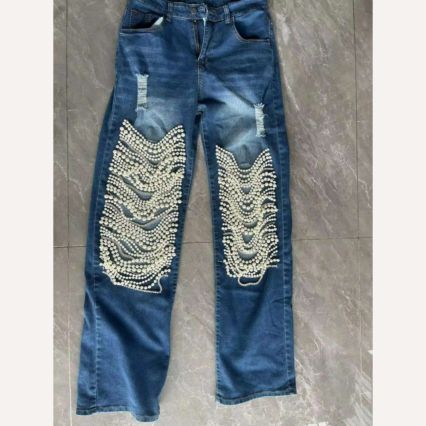 KIMLUD, Beachapche   Straight Jeans Women Holes Pearls Diamond Rhinstones Solid High Waist Fashion Cotton High Street Denim Pants, DEEP BLUE / S, KIMLUD Women's Clothes
