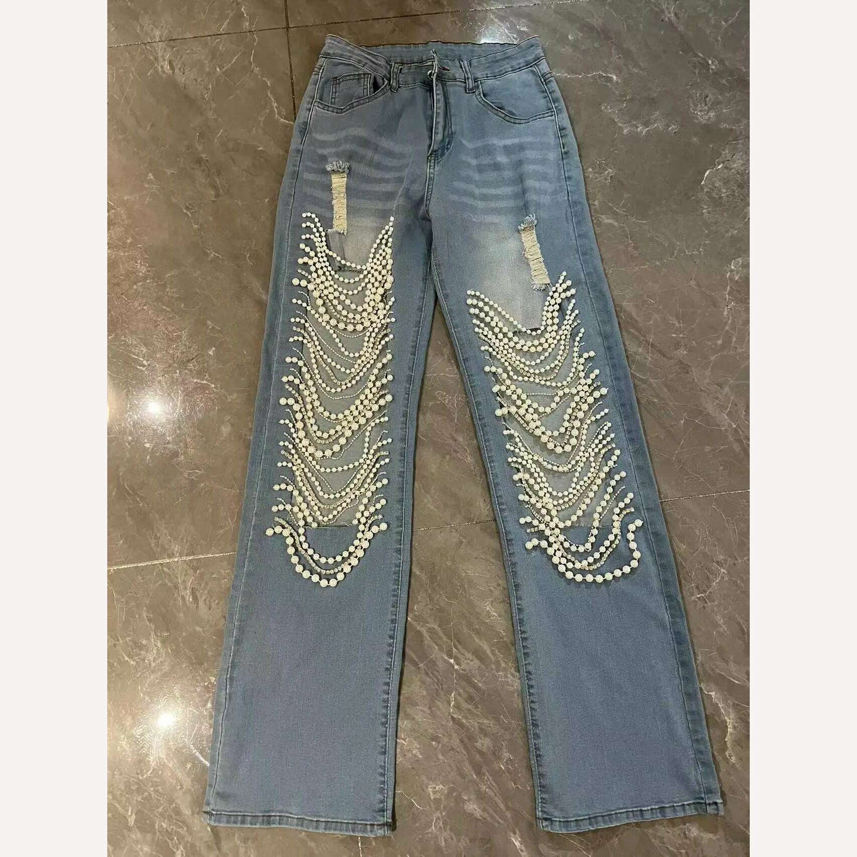 Beachapche Straight Jeans Women Holes Pearls Diamond Rhinstones Solid High Waist Fashion Cotton High Street Denim Pants - KIMLUD