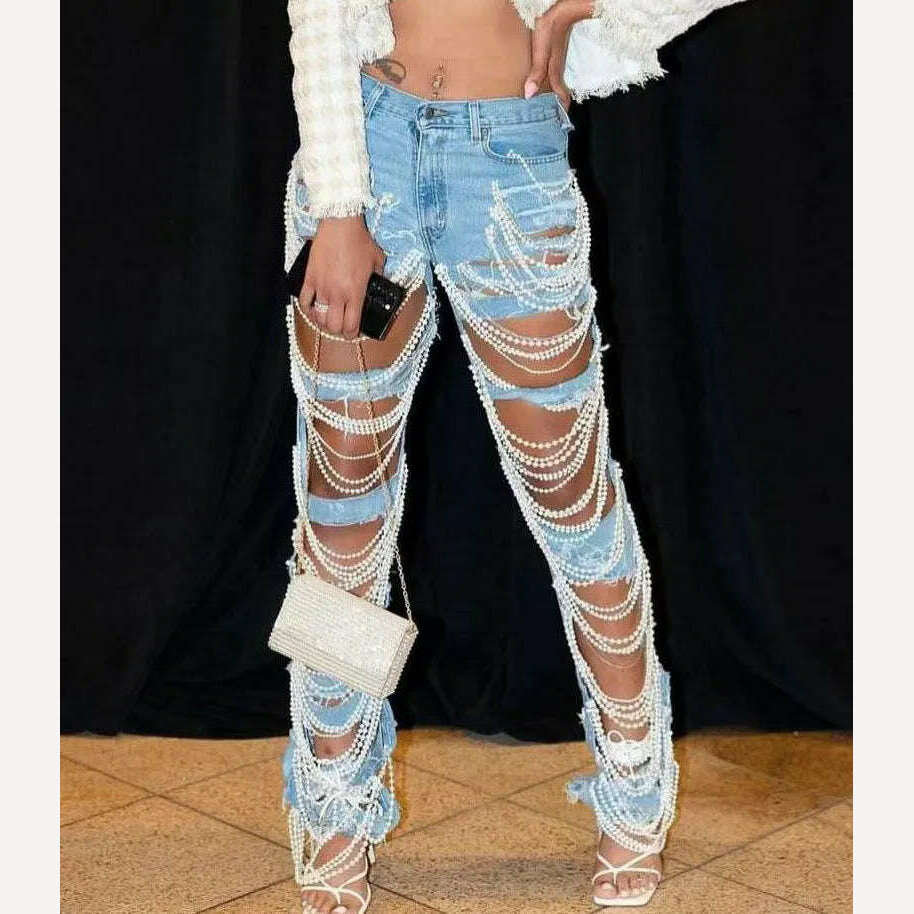 Beachapche Straight Jeans Women Holes Pearls Diamond Rhinstones Solid High Waist Fashion Cotton High Street Denim Pants - KIMLUD