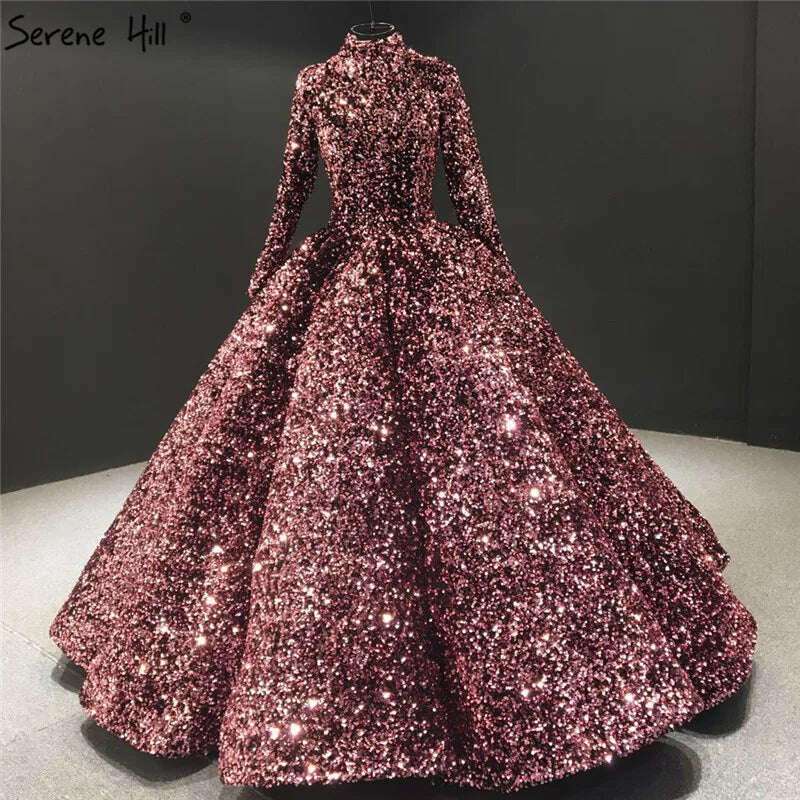 KIMLUD, Bean Pink Sequined Luxury Wedding Dresses 2023 Long Sleeves High Neck Sparkle Bridal Gowns Serene Hill BHA2068 Custom Made, bean pink / 16, KIMLUD Womens Clothes