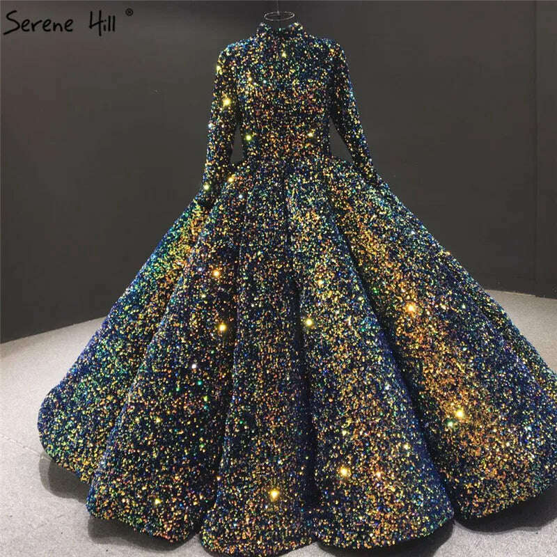 KIMLUD, Bean Pink Sequined Luxury Wedding Dresses 2023 Long Sleeves High Neck Sparkle Bridal Gowns Serene Hill BHA2068 Custom Made, indigo blue gold / 12, KIMLUD Womens Clothes