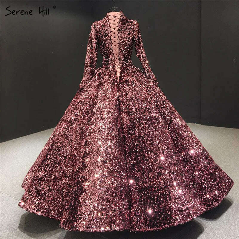 KIMLUD, Bean Pink Sequined Luxury Wedding Dresses 2023 Long Sleeves High Neck Sparkle Bridal Gowns Serene Hill BHA2068 Custom Made, KIMLUD Women's Clothes