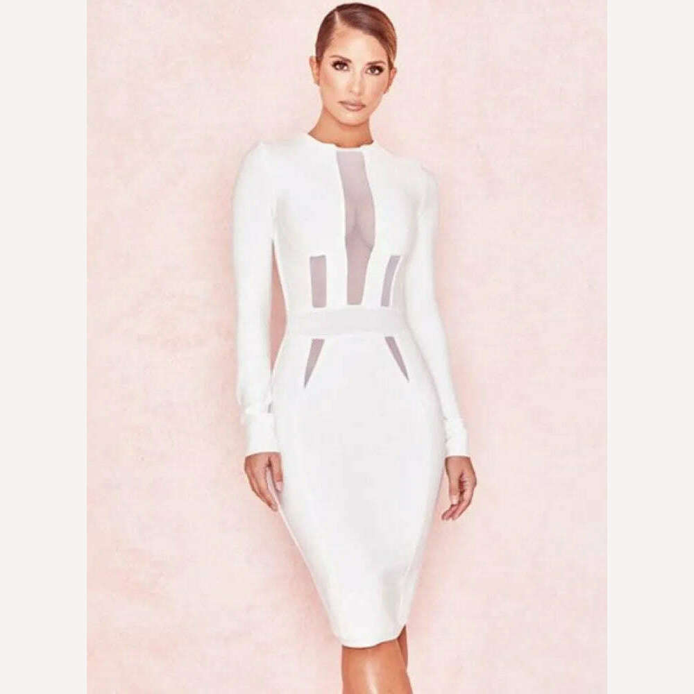 BEAUKEY Sexy Long Sleeve White Mesh HL Bandage Dress Autumn Spring Winter Bodycon Hollow Out Dress Wholesale XL Maxi Vestidos - KIMLUD