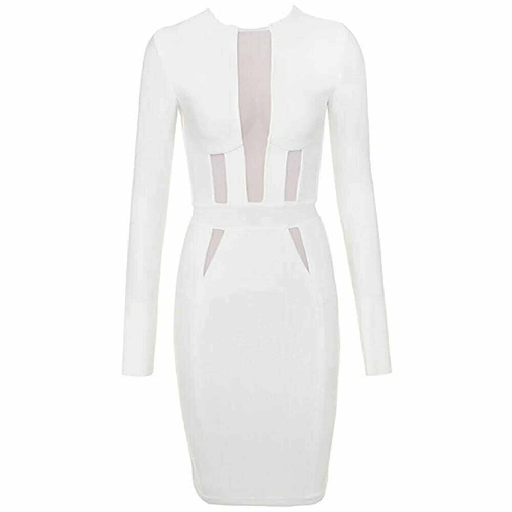 BEAUKEY Sexy Long Sleeve White Mesh HL Bandage Dress Autumn Spring Winter Bodycon Hollow Out Dress Wholesale XL Maxi Vestidos - KIMLUD