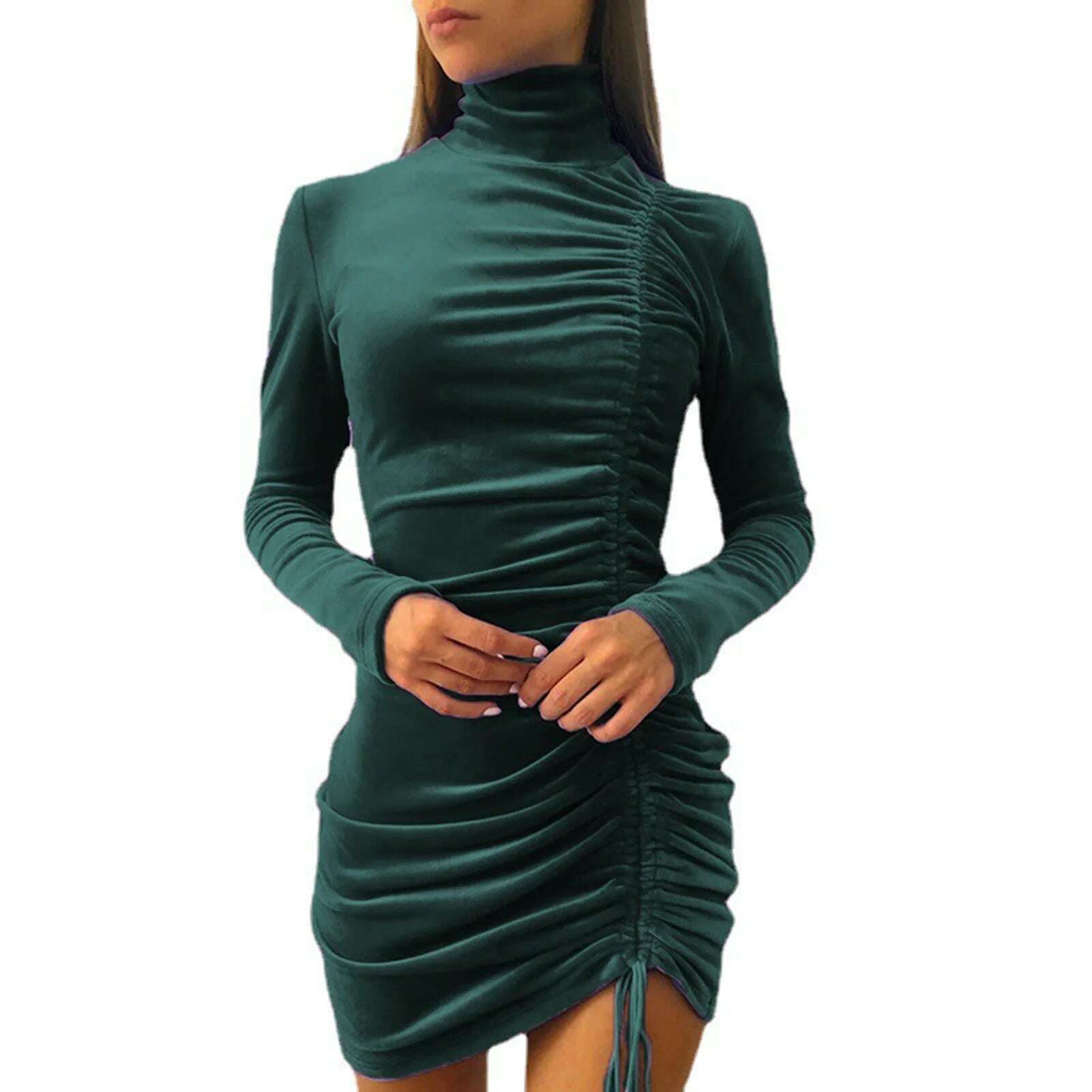 KIMLUD, Beautiful Bodycon Dress Ruched Wide Application Lightweight Solid Color Women Sexy Bodycon Dress Female Clothing Streetwear, Polyester-Atrovirens / S, KIMLUD Women's Clothes