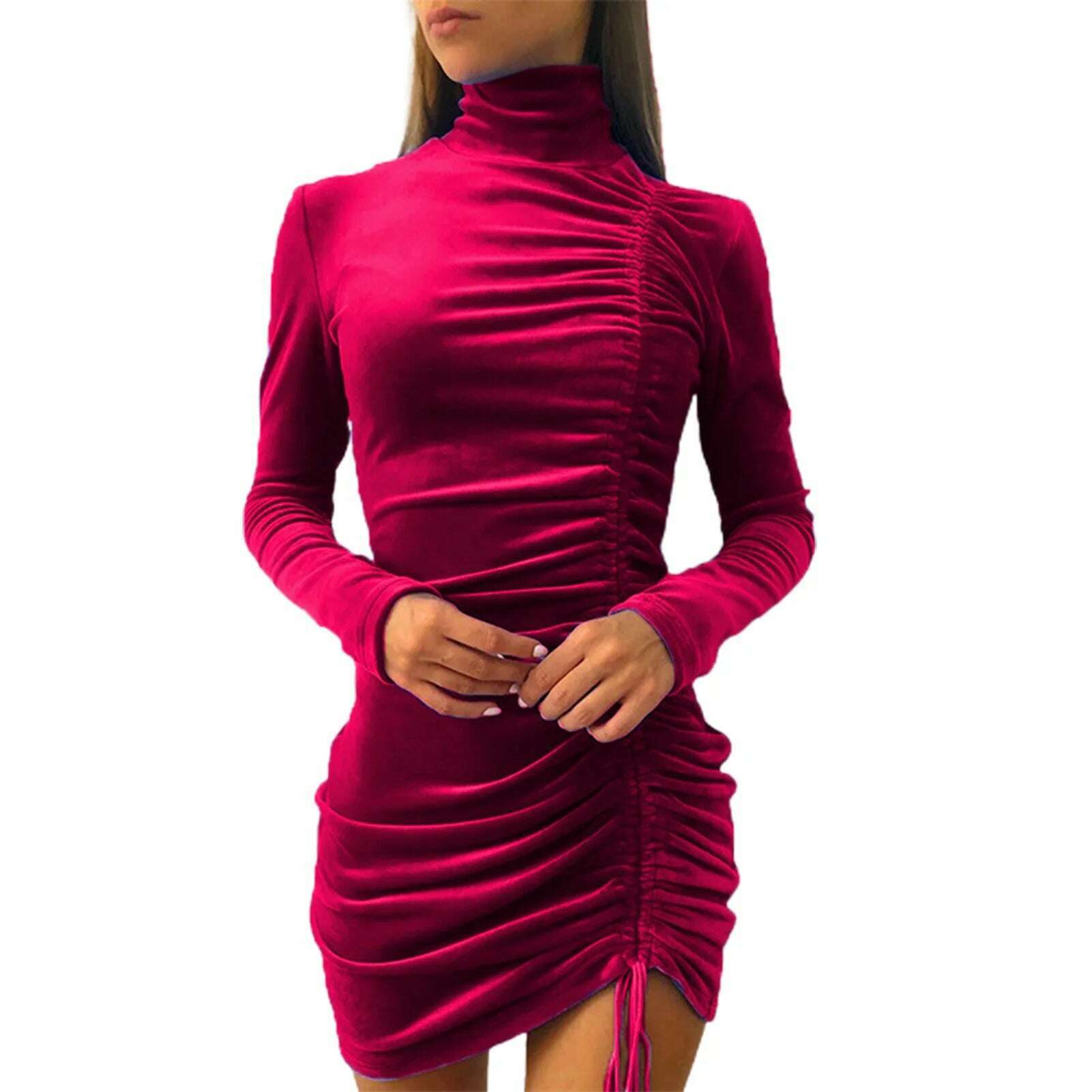 KIMLUD, Beautiful Bodycon Dress Ruched Wide Application Lightweight Solid Color Women Sexy Bodycon Dress Female Clothing Streetwear, Polyester-Red / S, KIMLUD Women's Clothes