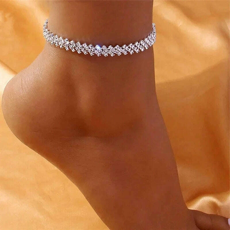 KIMLUD, Beautiful Dazzling Cubic Zirconia Chain Anklet for Women Fashion Silver Color Ankle Bracelet Barefoot Sandals Foot Jewelry, KIMLUD Women's Clothes