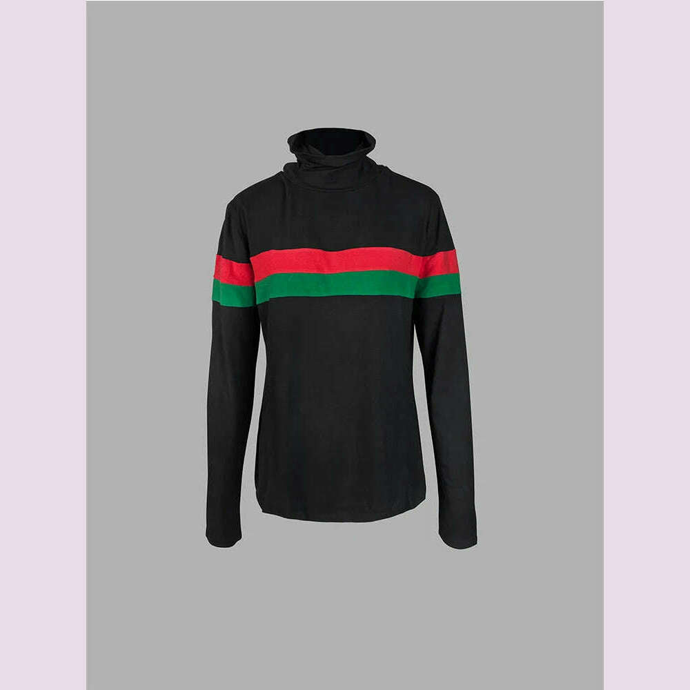 KIMLUD, Beautyblue High Neck T-Shirts Women Black Top Sexy Slim Fit Long Sleeves Striped Split-Joint Bottom Basic Shirt Casual Clothing, KIMLUD Womens Clothes