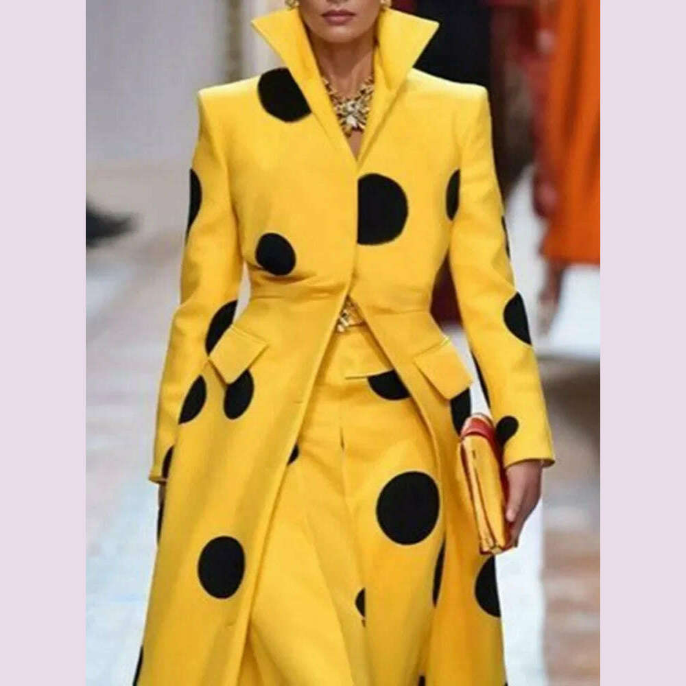 Beautyblue Polka-Dot Woolen Coat Women's Long Jacket 2025 New Split-Joint Long Sleeves Lapel Elegant Yellow Outerwears Female - KIMLUD