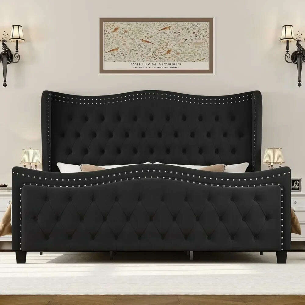 KIMLUD, Bed Frame, 55"Headboard Upholstered Bed with Tall Footbaord,Velvet Handmade Pleats Deep Button Tufted WingbackPlatform Bed, KIMLUD Womens Clothes