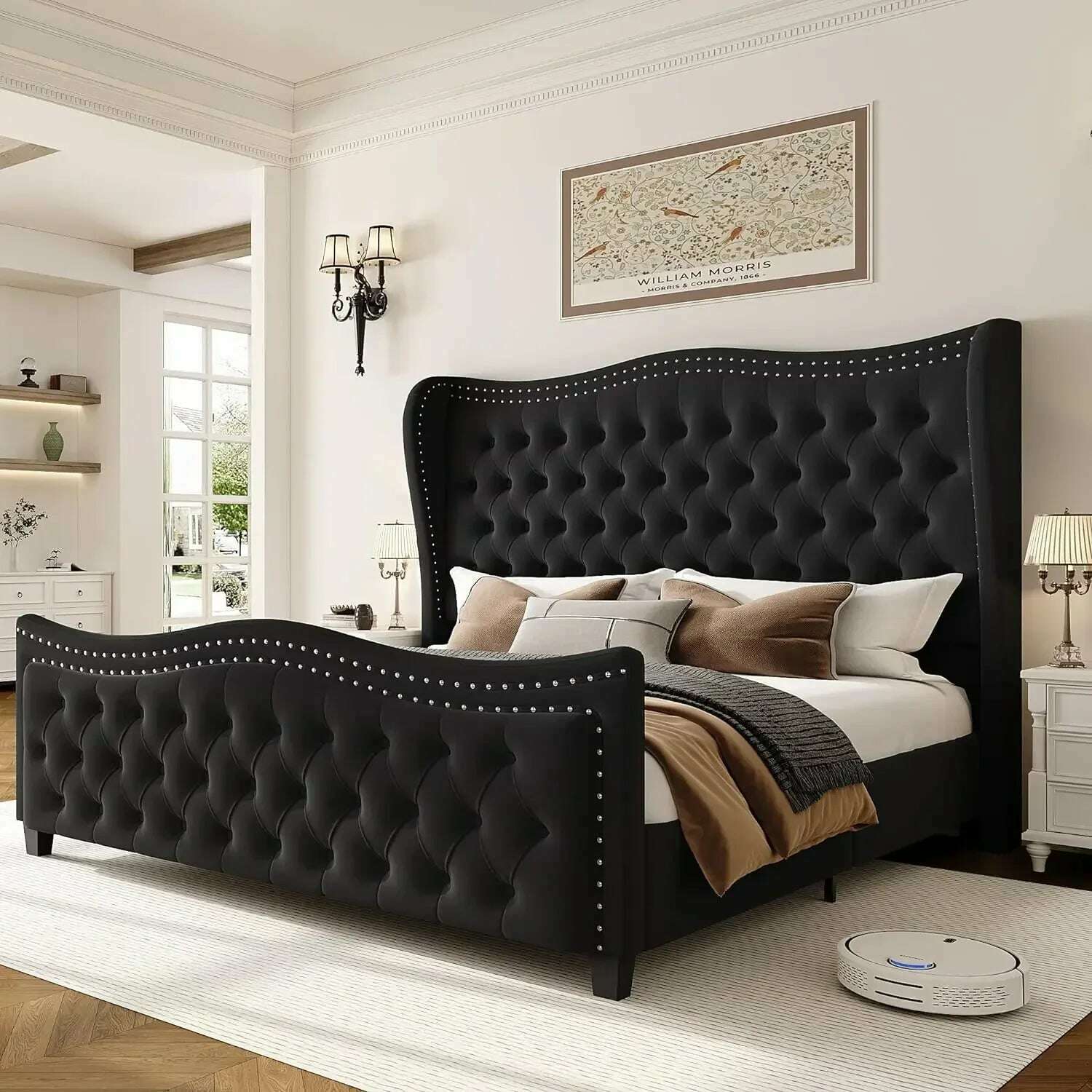 KIMLUD, Bed Frame, 55"Headboard Upholstered Bed with Tall Footbaord,Velvet Handmade Pleats Deep Button Tufted WingbackPlatform Bed, Black / United States / Queen, KIMLUD APPAREL - Womens Clothes
