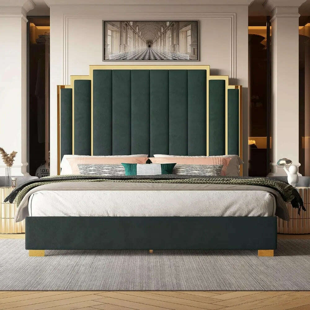 KIMLUD, Bed Frame, 61.4" Velvet Upholstered Bed with Gold Accent Headboard, Wood Slats, Queen Platform Bed, KIMLUD Womens Clothes