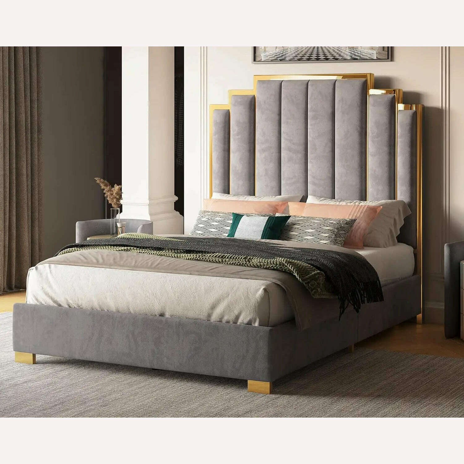 KIMLUD, Bed Frame, 61.4" Velvet Upholstered Bed with Gold Accent Headboard, Wood Slats, Queen Platform Bed, Grey / United States / King, KIMLUD Womens Clothes