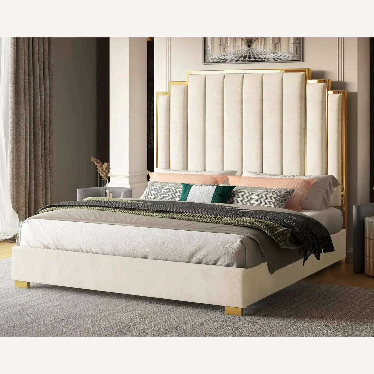 KIMLUD, Bed Frame, 61.4" Velvet Upholstered Bed with Gold Accent Headboard, Wood Slats, Queen Platform Bed, Cream / United States / King, KIMLUD Womens Clothes