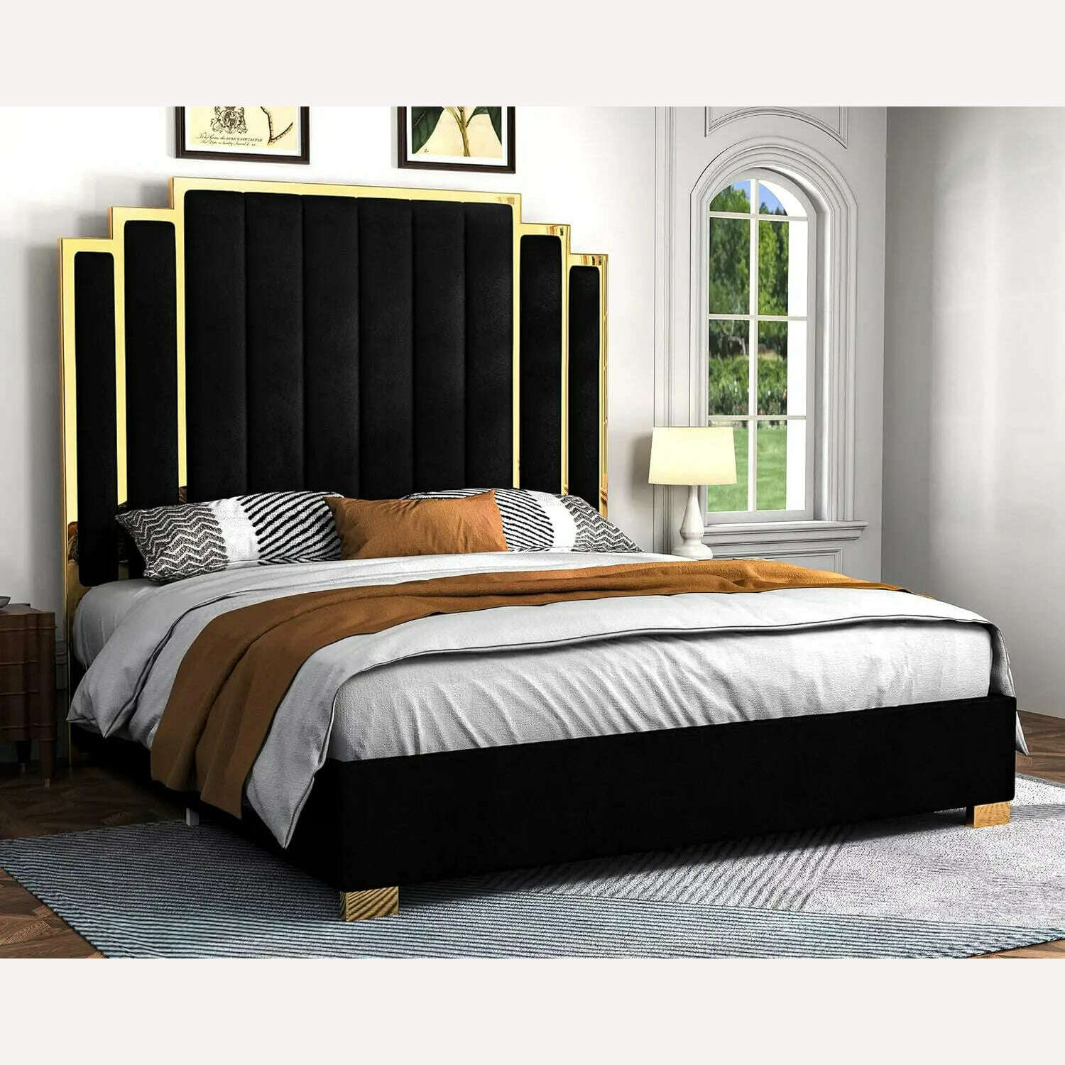 KIMLUD, Bed Frame, 61.4" Velvet Upholstered Bed with Gold Accent Headboard, Wood Slats, Queen Platform Bed, Black / United States / Queen, KIMLUD Womens Clothes