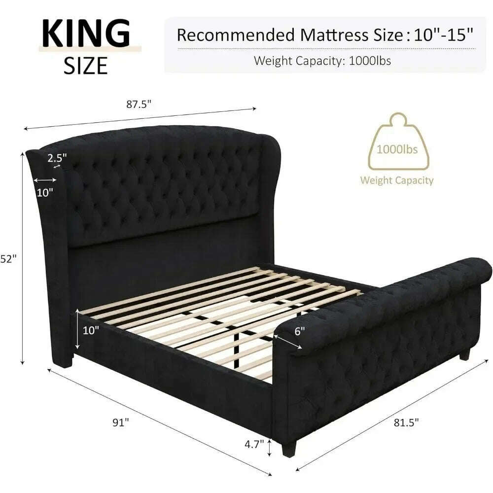KIMLUD, Bed Frame, Velvet Upholstered, Headboard and Headboard with Rolling Wing Back, No Springs Required, Easy To Assemble, Bed Frame, KIMLUD Womens Clothes