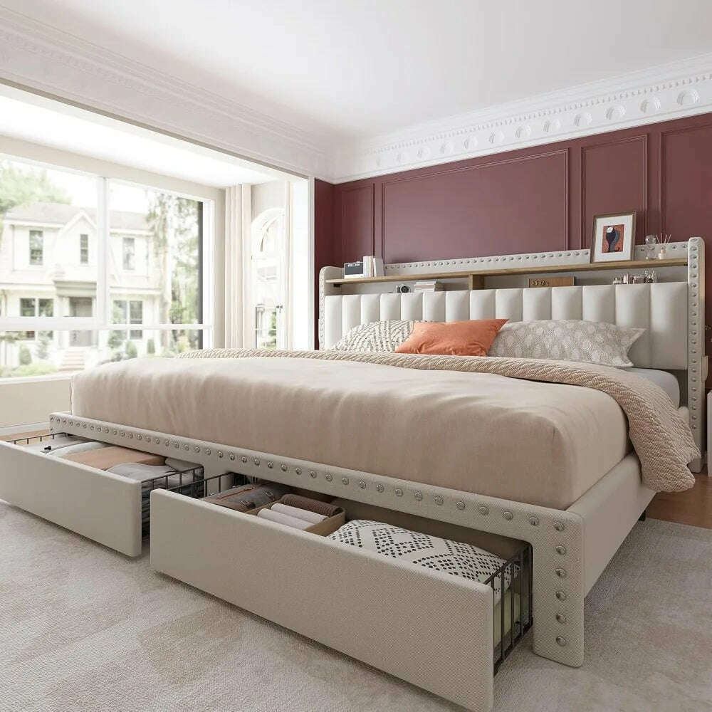 KIMLUD, Bed Frame with Storage and Headboard, Upholstered Bed Frame with Storage, Bed Frame with 2 Drawers, No Box Spring Needed, KIMLUD Womens Clothes