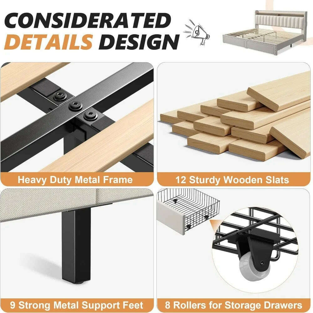 KIMLUD, Bed Frame with Storage and Headboard, Upholstered Bed Frame with Storage, Bed Frame with 2 Drawers, No Box Spring Needed, KIMLUD Womens Clothes