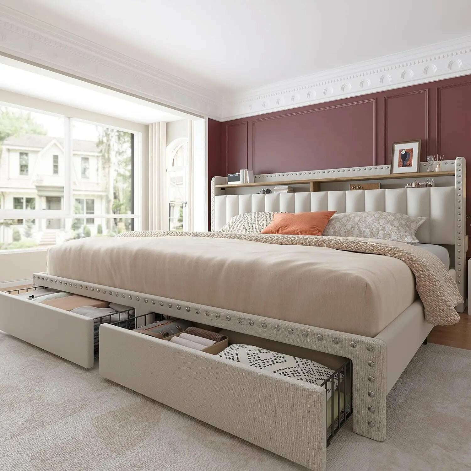 KIMLUD, Bed Frame with Storage and Headboard, Upholstered Bed Frame with Storage, Bed Frame with 2 Drawers, No Box Spring Needed, Beige-Full / United States, KIMLUD APPAREL - Womens Clothes