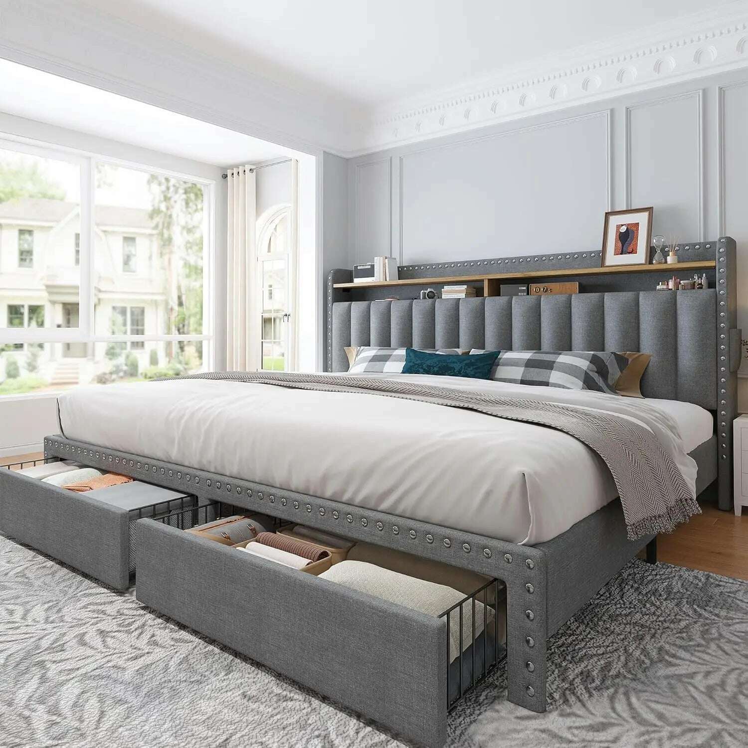 KIMLUD, Bed Frame with Storage and Headboard, Upholstered Bed Frame with Storage, Bed Frame with 2 Drawers, No Box Spring Needed, Grey-Queen / United States, KIMLUD APPAREL - Womens Clothes