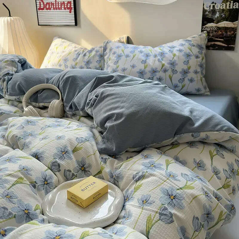 Bedding Set Duvet Cover Fresh Blue Floral. Wrinkled Yann Bed Set Of Four Pieces, Washing Cotton Sheets Bed Sheets - KIMLUD