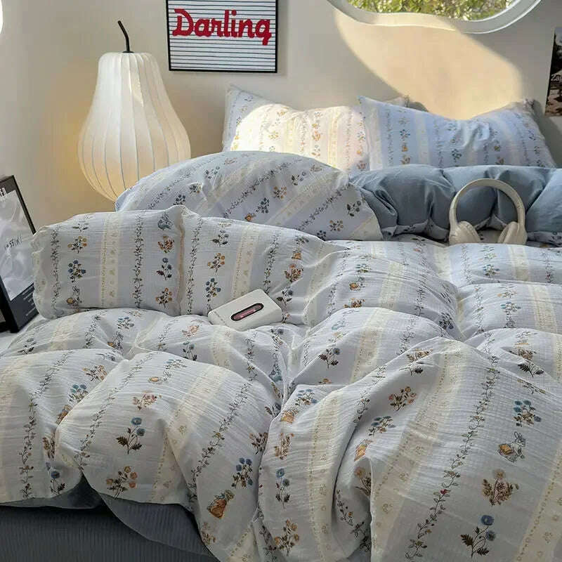 Bedding Set Duvet Cover Fresh Blue Floral. Wrinkled Yann Bed Set Of Four Pieces, Washing Cotton Sheets Bed Sheets - KIMLUD