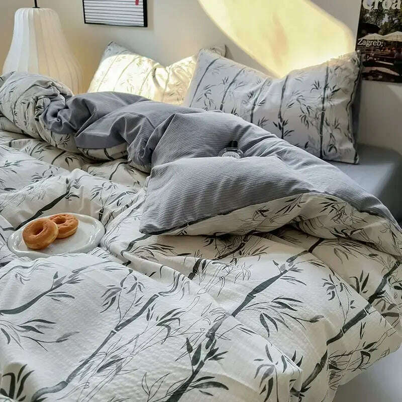 Bedding Set Duvet Cover Fresh Blue Floral. Wrinkled Yann Bed Set Of Four Pieces, Washing Cotton Sheets Bed Sheets - KIMLUD