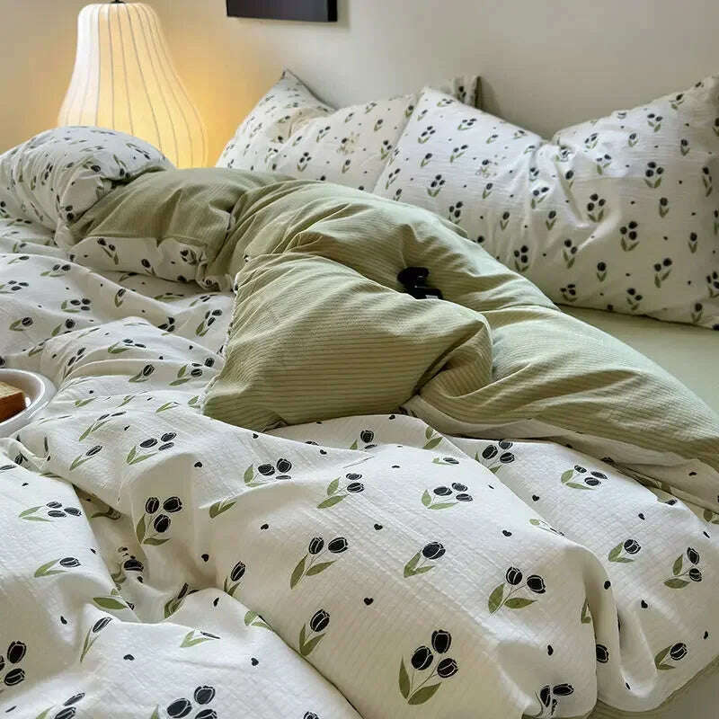 Bedding Set Duvet Cover Fresh Blue Floral. Wrinkled Yann Bed Set Of Four Pieces, Washing Cotton Sheets Bed Sheets - KIMLUD