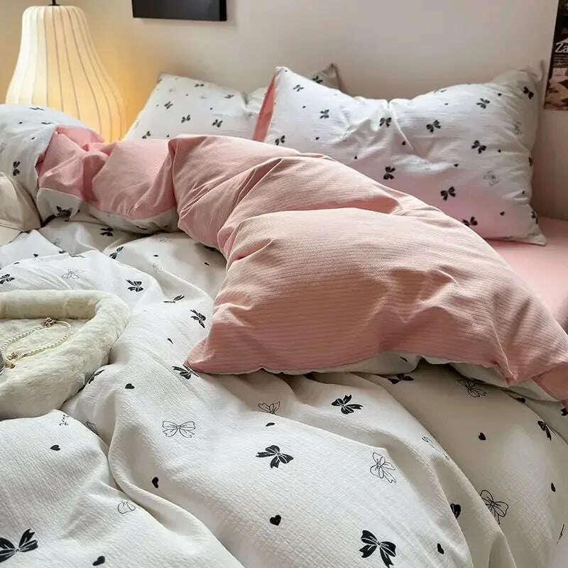 Bedding Set Duvet Cover Fresh Blue Floral. Wrinkled Yann Bed Set Of Four Pieces, Washing Cotton Sheets Bed Sheets - KIMLUD