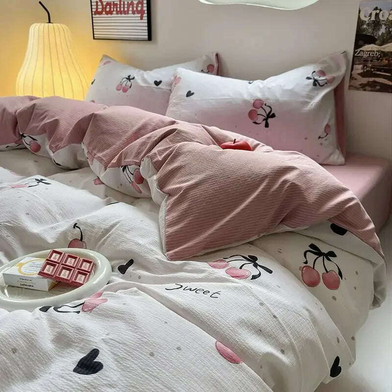 Bedding Set Duvet Cover Fresh Blue Floral. Wrinkled Yann Bed Set Of Four Pieces, Washing Cotton Sheets Bed Sheets - KIMLUD