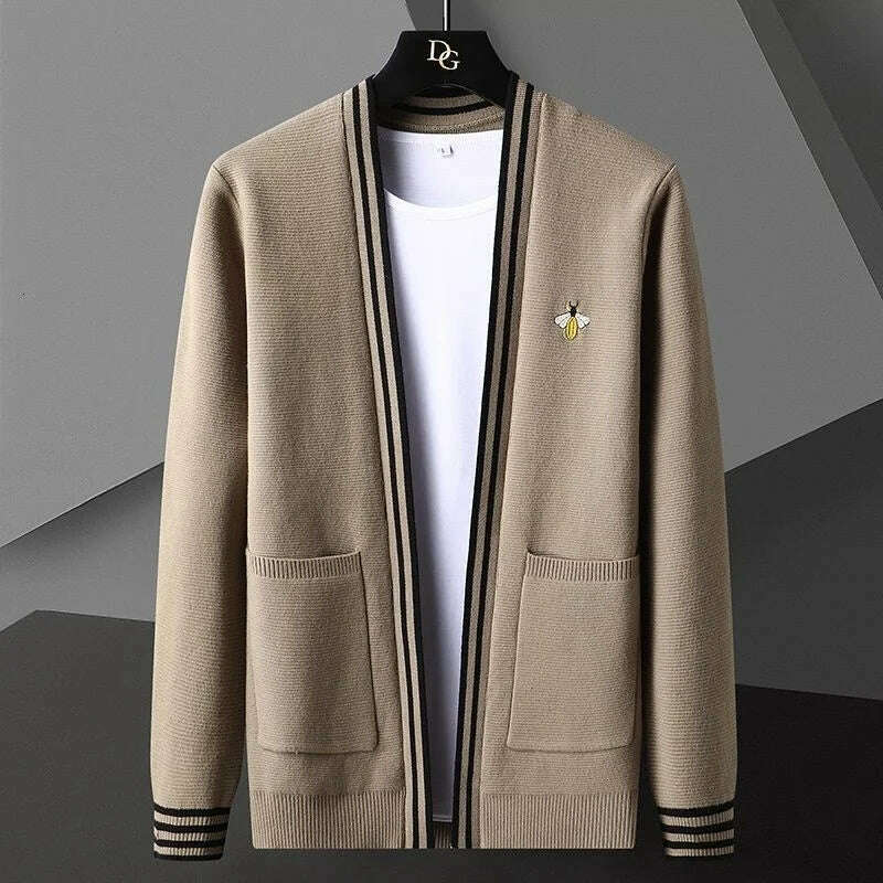 Bee Embroidery Men&#39;s Sweater Cardigan Korean Casual Coat Elegant Men Sweater 2021 Autumn Coat Trend Abrigo Hombre Men Clothing - KIMLUD