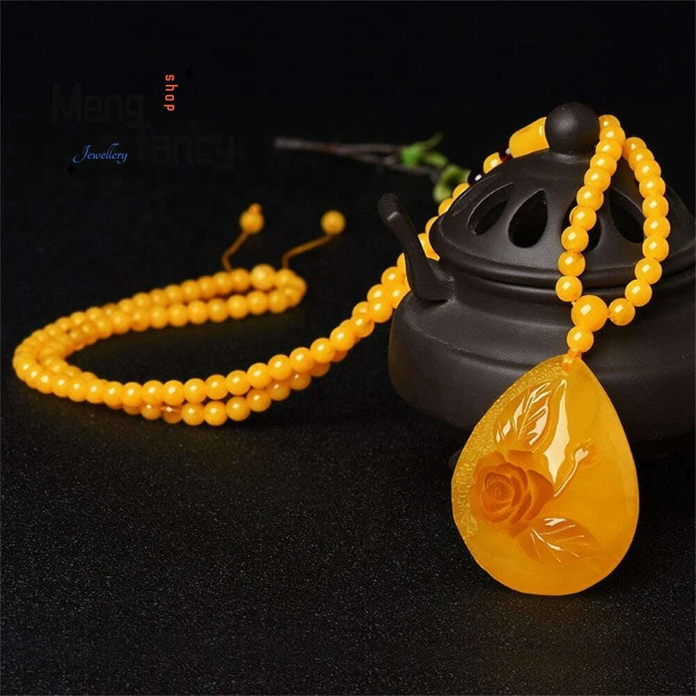 KIMLUD, Beeswax Amber Chicken Oil Yellow Water Drop Rose Flower Money Bag Gourd Cabbage Pendant Natural Exquisite Fashion Fine Jewelry, C, KIMLUD APPAREL - Womens Clothes