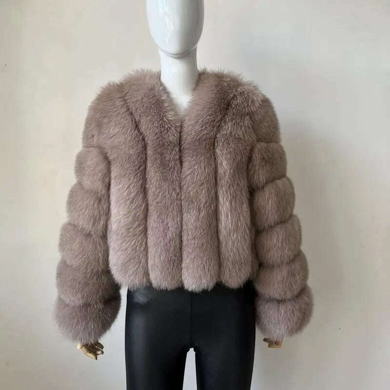 KIMLUD, BEIZIRU Real Fox Fur Coat V-Neck   Winter Woman Natural Warm Fashion  Luxury Girls Ustom Made, khaki / M(45-47kg), KIMLUD Womens Clothes