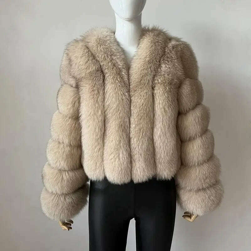 KIMLUD, BEIZIRU Real Fox Fur Coat V-Neck   Winter Woman Natural Warm Fashion  Luxury Girls Ustom Made, beige / S(45kg), KIMLUD Womens Clothes