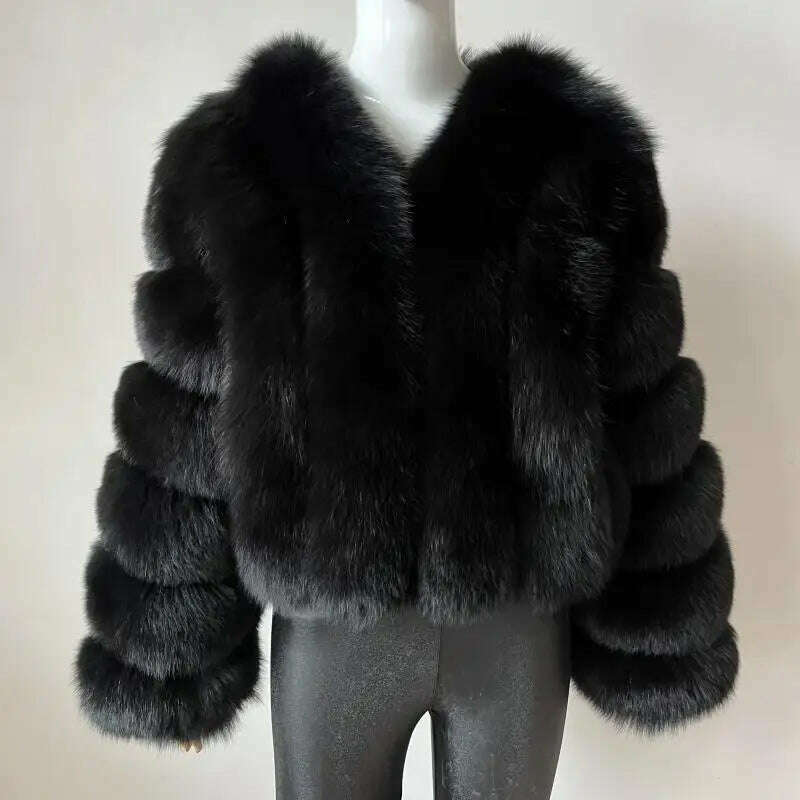 KIMLUD, BEIZIRU Real Fox Fur Coat V-Neck   Winter Woman Natural Warm Fashion  Luxury Girls Ustom Made, black / M(45-47kg), KIMLUD Womens Clothes